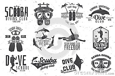 Set of Scuba diving club and diving school design. Vector Illustration