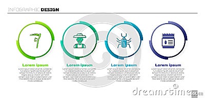 Set Scythe, Farmer in hat, Insect fly and Pack full of seeds of plant. Business infographic template. Vector Vector Illustration