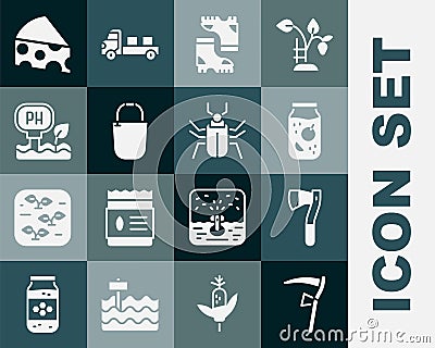 Set Scythe, Wooden axe, Jam jar, Waterproof rubber boot, Bucket, Soil ph testing, Cheese and Insect fly icon. Vector Stock Photo