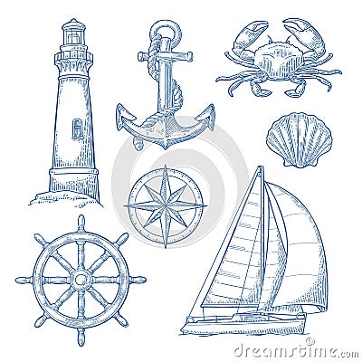 Anchor, wheel, sailing ship, compass rose, shell, crab, lighthouse engraving Vector Illustration