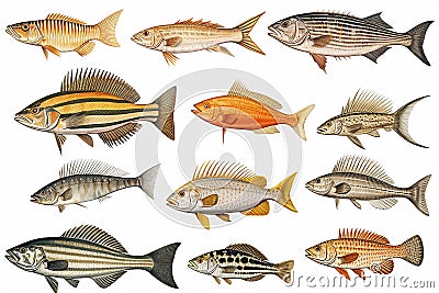 set of sea big fishes in flat style. Various cartoon fish, sharks, whales, dolphins Stock Photo