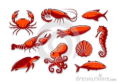 Set of sea creatures icons. Crab, shrimp, tuna, squid, lobster, octopus, shell, turtle, seahorse collection. Cartoon red Vector Illustration
