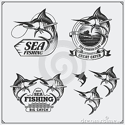 Set of sea fishing labels, badges and design elements. Marlin illustrations. Vintage style. Vector Illustration