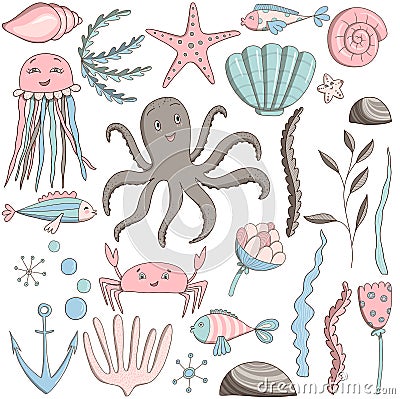 Set of sea and ocean plants, fishes, seashells, octopus, stones, seaweed, Coral, Flowers. Cartoon Illustration