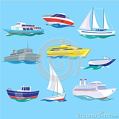 Set of Sea Ships Water Carriage and Maritime Vector Illustration