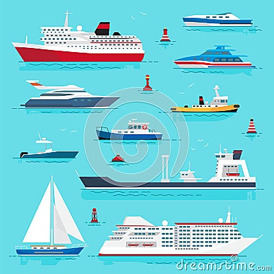 Set of Sea Transport on Blue Water Flat Design Vector Illustration