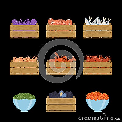 Set of seafood in crates Vector Illustration