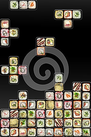 Set of seafood - isolated rolls on black background in the form of a computer game Tetris. Sushi. Concept for advertising Stock Photo