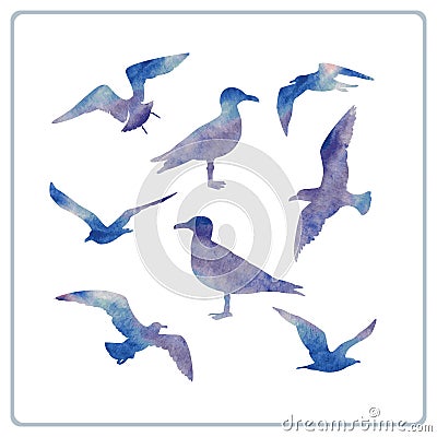 Set of watercolor seagulls silhouettes Vector Illustration