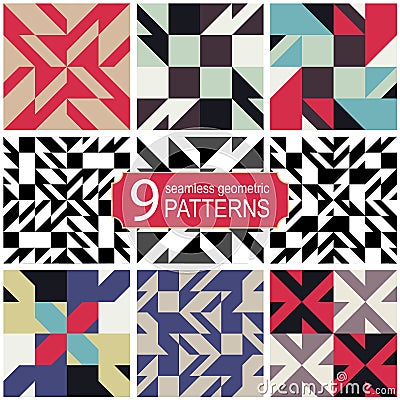 Set of seamless abstract geometric vector patterns in retro color palette. Vector Illustration