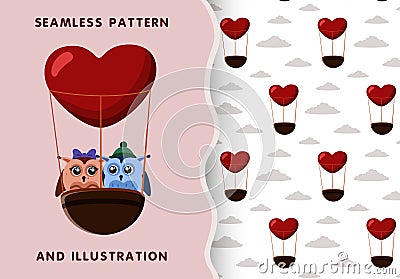 Set of seamless balloon pattern in shape of heart and vector illustration with owls in love Vector Illustration