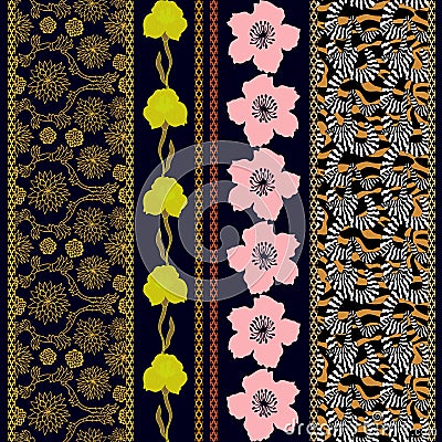 Set of seamless batik borders with bohemian elements. Vector Illustration