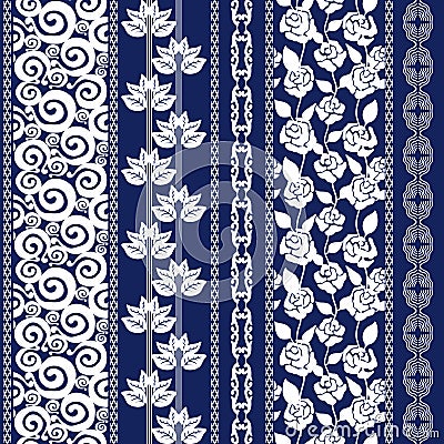 Set of seamless batik borders with bohemian elements. Vector Illustration