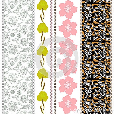 Set of seamless batik borders with bohemian elements. Vector Illustration