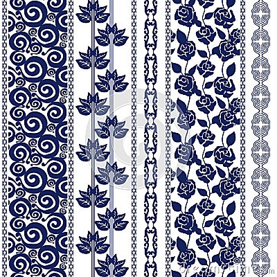 Set of seamless batik borders with bohemian elements. Vector Illustration