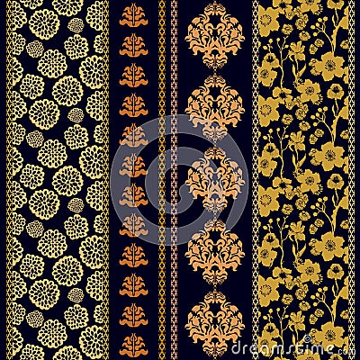 Set of seamless batik borders with bohemian elements. Vector Illustration