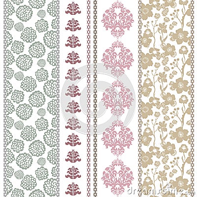 Set of seamless batik borders with bohemian elements. Vector Illustration