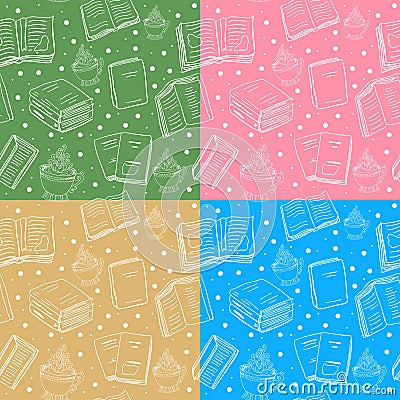 Set of seamless book and tea backgrounds Vector Illustration