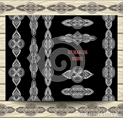 Set seamless border lace ribbons decoration elements white on black Vector Illustration