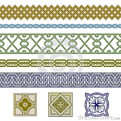 Set of seamless borders and floral corner elements. Vector Illustration
