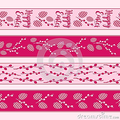 Set of seamless borders with spring easter ornaments and pussy willows and eggs. Vector Illustration