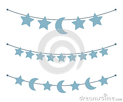 Set of seamless bunting garland with blue moons and stars. Vector Illustration