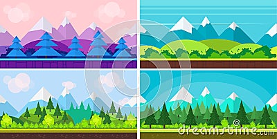 Set of seamless cartoon landscapes for game design, horizontal nature background Vector Illustration