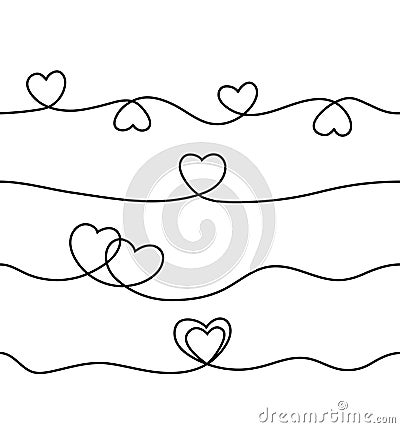 Set of seamless continuous line heart border on white background for valentines, women, mother day greeting invitation Vector Illustration