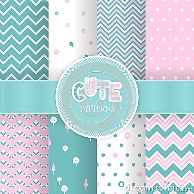 Set with seamless cute geometric patterns Vector Illustration
