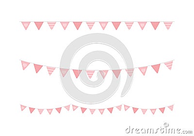 Set of seamless cute pink triangle party buntings. Baby and kids party decoration. Vector Illustration