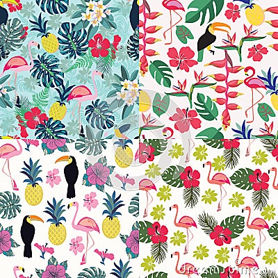 Set of Seamless decorative pattern with flamingo, toucan and tropical flowers and leaves Vector Illustration