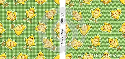 Set of 2 seamless Easter patterns with cute chicks. Inflated Puffy style. Seamless Tileable Patterns. Stock Photo