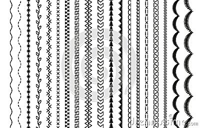 Set of seamless embroidery stitches. Overlock fabric elements. Sewing seams. machine thread sew brushes Vector Illustration