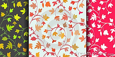 Set: 3 Seamless floral pattern with branches and leaves, abstract texture, endless background. Vector illustration Vector Illustration