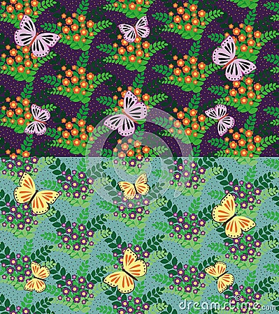 Set of seamless flowers and butterflies pattern Vector Illustration