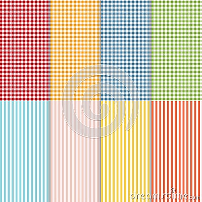 Set of seamless gingham, buffalo check plaid and bed linen patterns. Eight checkered and striped seamless patterns Vector Illustration