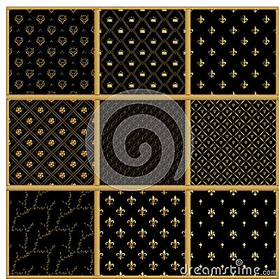 Set of seamless gold patterns. Luxury wallpapers collection. Modern stylish texture. Vector illustration. Used for wallpape Cartoon Illustration