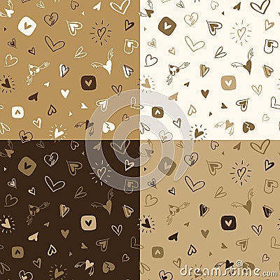 Set of seamless hand drawn patterns with hearts Vector Illustration