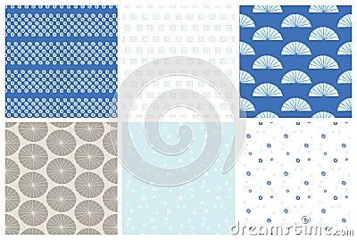 Set of seamless hand drawn patterns. Vector traditional Japanese surface design. Vector Illustration