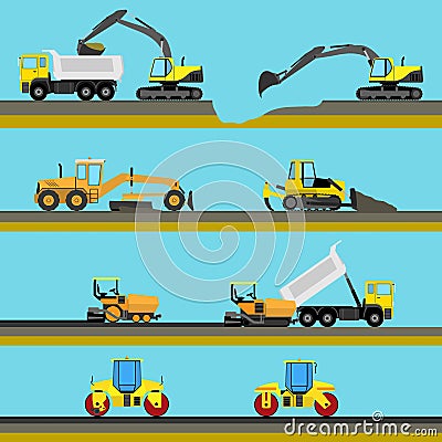 Set of seamless horizontal road construction Vector Illustration