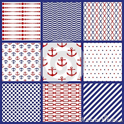 Set of seamless marine motifs background. Chains, anchor, polka dots, spripes, lines, waves. Collection of nautical style patterns Cartoon Illustration