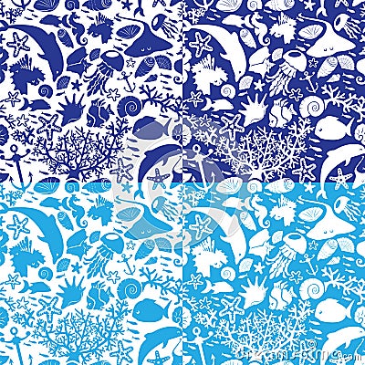 Set of seamless nautical patterns in blue colors Vector Illustration