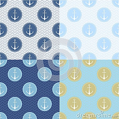 Set of Seamless pattern with anchor, ship steering, waves. Collection of sea background, illustration of ocean marine Vector Illustration