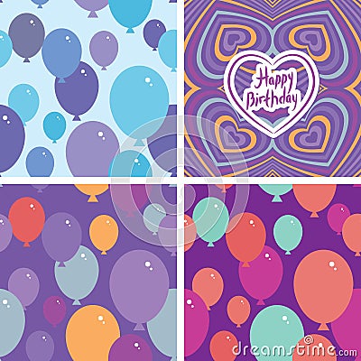 Set 3 Seamless pattern with balloons and happy birthday card. Purple, pink, blue, orange background. vector Vector Illustration