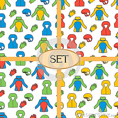 Set of seamless pattern with equipment for kayaking Cartoon Illustration