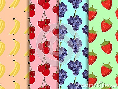 Set of seamless pattern with fruit. Pattern of bananas, cherries, strawberries and grapes. Vector Illustration