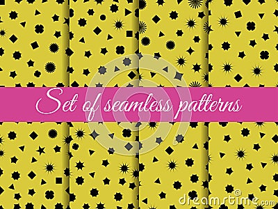 Set seamless pattern with geometric figures. Squares, triangles, hexagons and stars. Wrapping paper. Vector Illustration