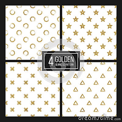 Set of seamless pattern gold glitter polka dots, triangle, star, cross Vector Illustration