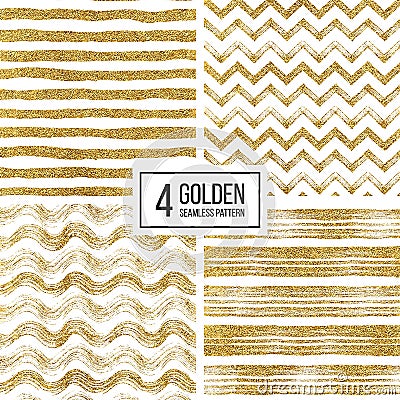 Set of seamless pattern gold glitter stripes, zigzag chevron, wavy stripe Vector Illustration