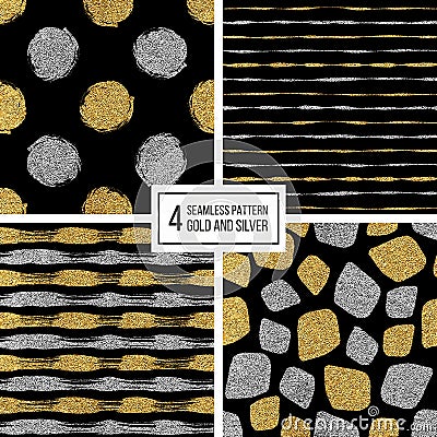 Set of seamless pattern gold and silver stripes, polka dots, mosaic spots Vector Illustration